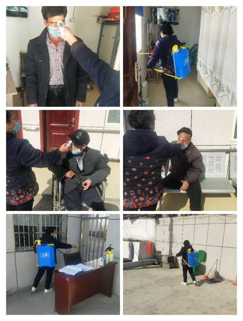 图为为残疾人测量体温、进行消毒 图为为残疾人测量体温、进行消毒